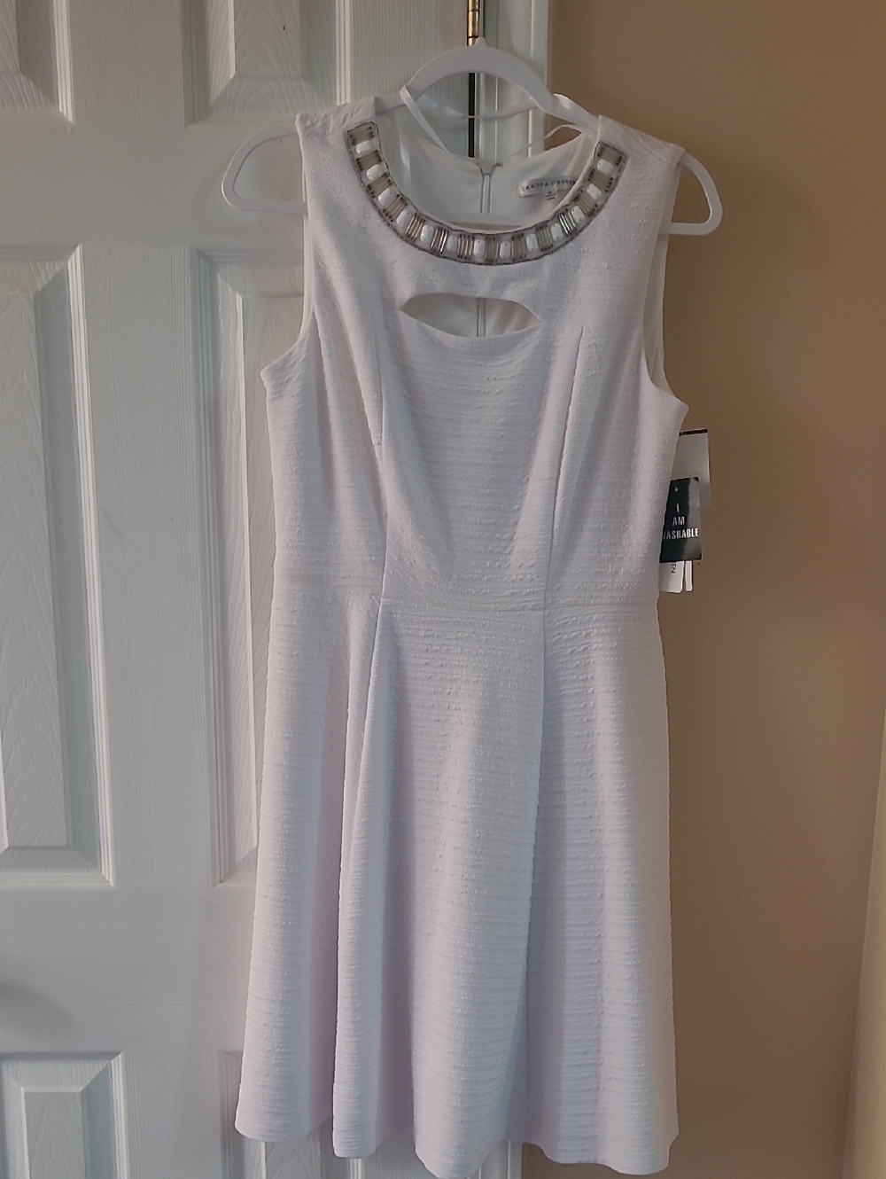 Sandra Darren White Sleeveless A-Line Dress with Jeweled Neckline- NWT